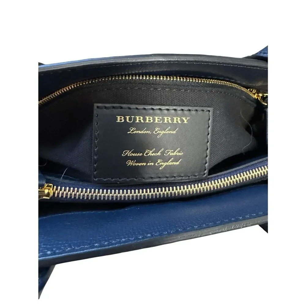 Burberry Navy Blue Saffiano Pebbled Leather Nova Check 2way Banner Satchel Ex+